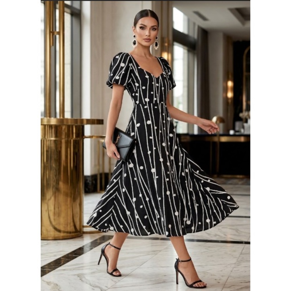 LEO LIN Silk Maxi Dress 8 US Small Black White Line Dot Puff Sleeve Sweetheart